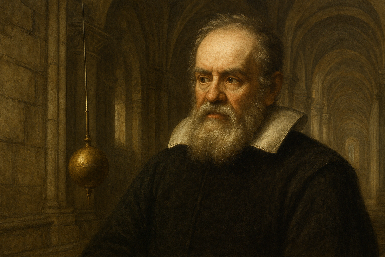Rappresentazione artistica di Galileo e del suo pendolo. Generazione AI Rappresentazione artistica di Galileo e del suo pendolo. Generazione AI