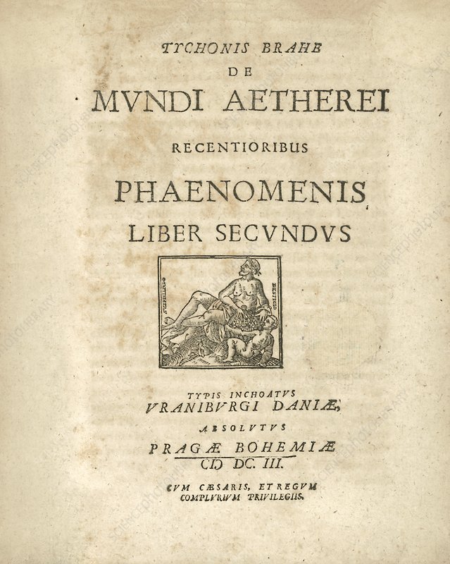 Frontespizio di un'edizione del 1603 del “De Mundi Aetherei Recentioribus Phaenomenis Liber Secundus” (Secondo libro sui fenomeni recenti del mondo celeste) di Tycho Brahe, pubblicato per la prima volta nel 1588. Il libro conteneva le osservazioni di Brahe sulla Grande Cometa del 1577 e il suo sistema ticonico del sistema solare.