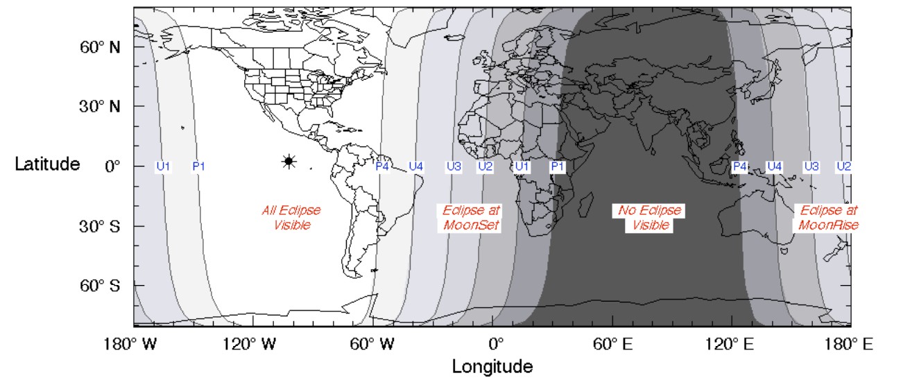 Visibilità dell'eclisse totale/parziale del 14 marzo 2025. Crediti NASA