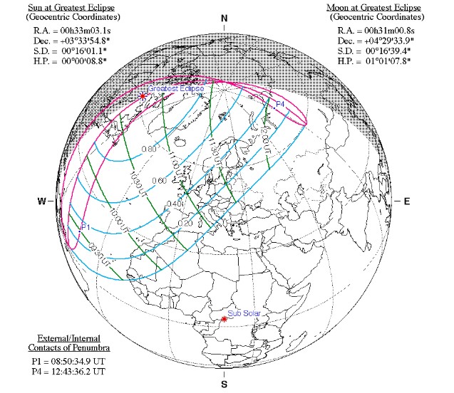 Visibilità dell'eclisse di Sole del 29 marzo 2025. Crediti NASA