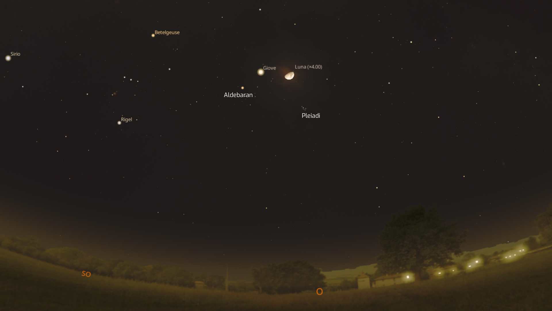 Rappresentazione della congiunzione Luna-Giove-M45-Aldebaran della notte tra il 6 e il 7 febbraio 2025. Software Stellarium