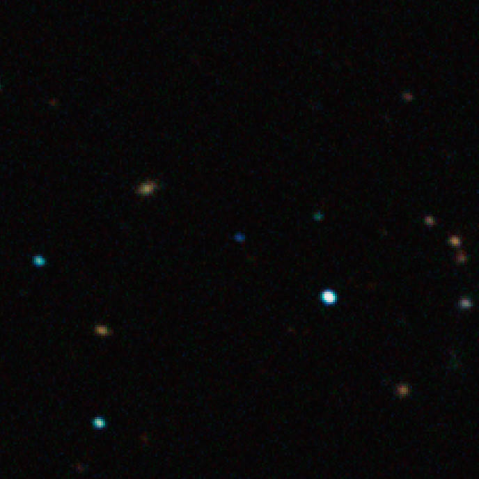 Il pianeta libero CFBDSIR J214947.2-040308.9 nella luce infrarossa è il debole punto blu al centro dell'immagine. Crediti ESO - Osservatorio di La Silla