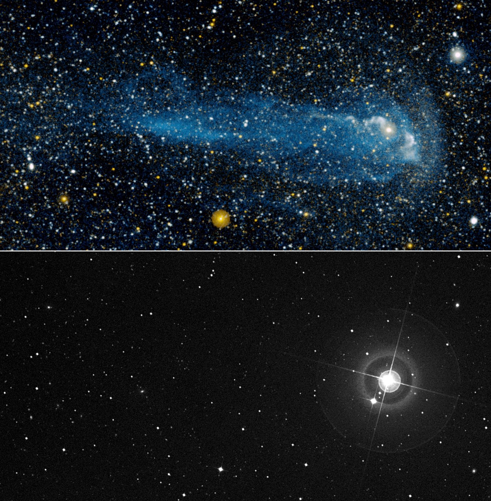 La coda della stella Mira evidenziata da GALEX contro una immagine nel visibile della stessa stella. Crediti NASA