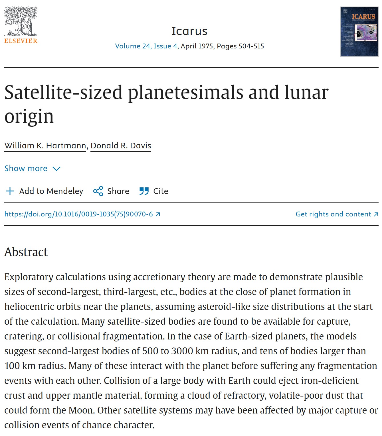 Abtract dell'articolo apparso su Icarus nel 1975. Fonte ScienceDirect.com