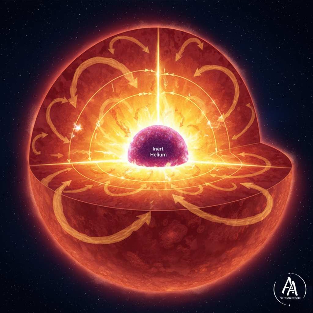 Sezione di una stella in fase SGB con evidenza del guscio di idrogeno in fusione intorno al nucleo di elio inerte e dei moti convettivi che determinano il dredge-up. Crediti Associazione AstronomiAmo APS