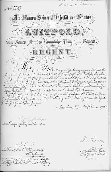Nomina di Wilhelm Wien a professore di fisica e direttore dell'Istituto di Fisica dell'Università Julius-Maximilians di Würzburg, firmata dal principe Luitpold di Baviera. Fonte: Uniarchiv Würzburg